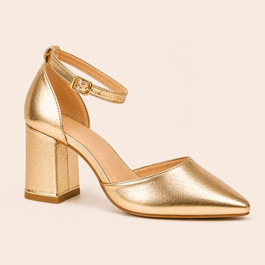 CIA Gold Pointed Toe Ankle Strap Block Heels