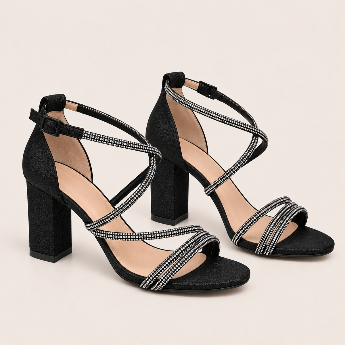 LEA- Diamanté Block Heel Sandals Black