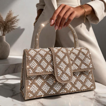 Diamante/Pearl Top Handle Clutch Bag