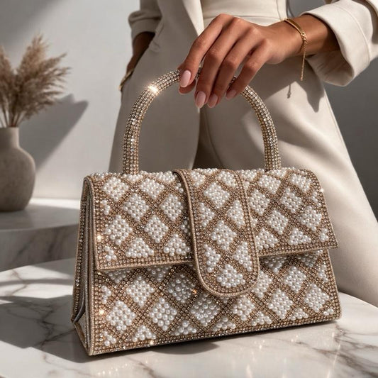 Diamante/Pearl Top Handle Clutch Bag