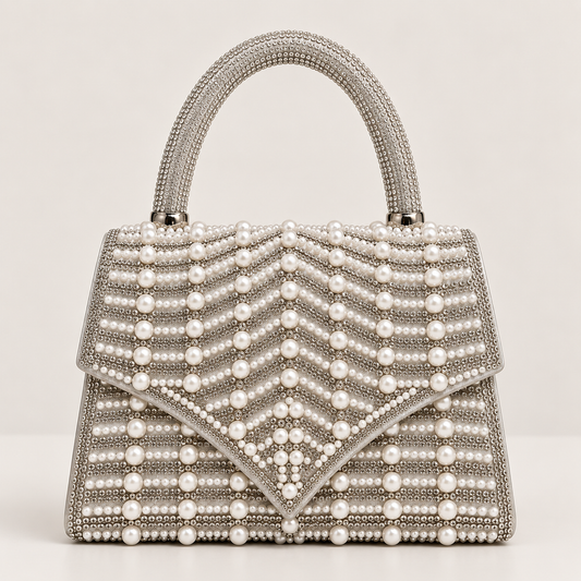 LEA- Pearl Diamante Handle Top Clutch Silver