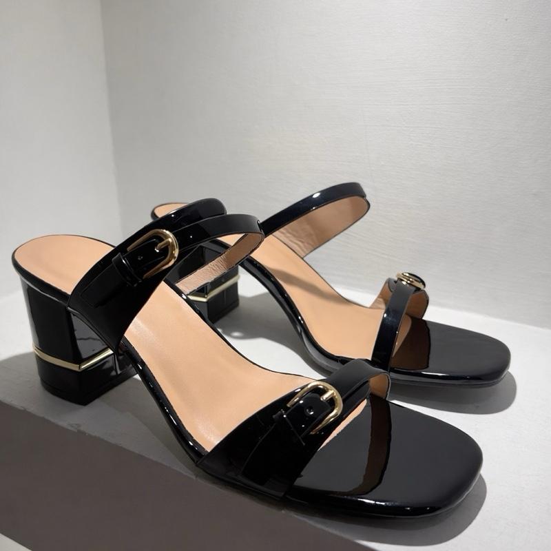 Block Heel Slip On Strappy Heels/ Gold Detail/ Buckle Design