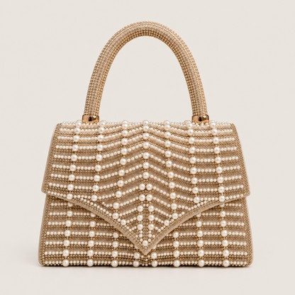LEA- Pearl Diamante Handle Top Clutch Gold