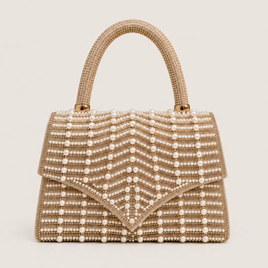 LEA- Pearl Diamante Handle Top Clutch Gold