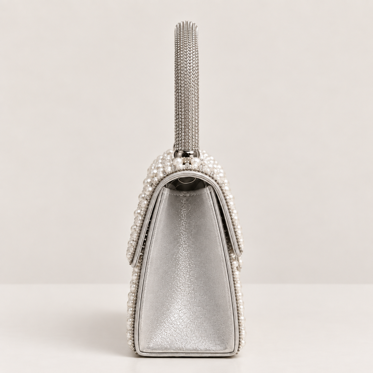 LEA- Pearl Diamante Handle Top Clutch Silver