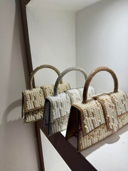 Pearl/Diamante Top Handle Clutch Bag Evening
