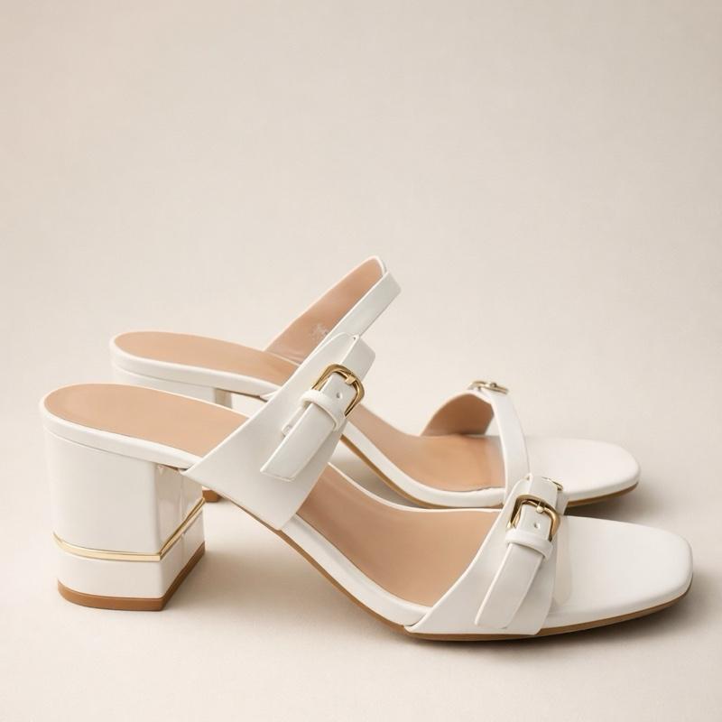 Block Heel Slip On Strappy Heels/ Gold Detail/ Buckle Design