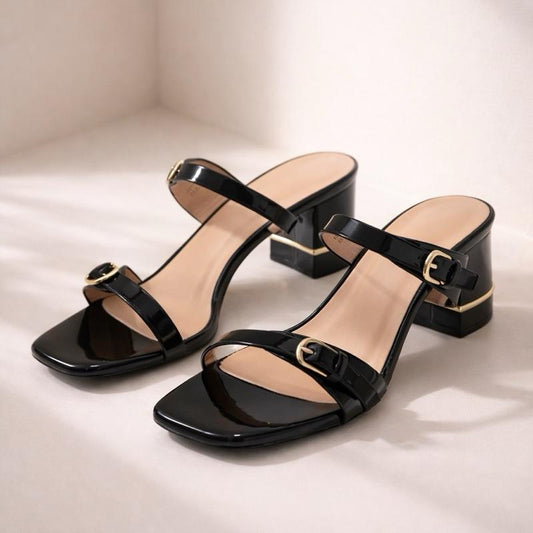 Block Heel Slip On Strappy Heels/ Gold Detail/ Buckle Design