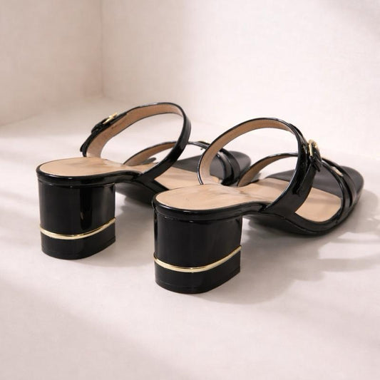 Block Heel Slip On Strappy Heels/ Gold Detail/ Buckle Design