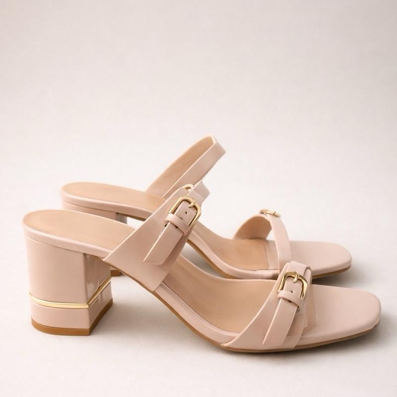 Block Heel Slip On Strappy Heels/ Gold Detail/ Buckle Design