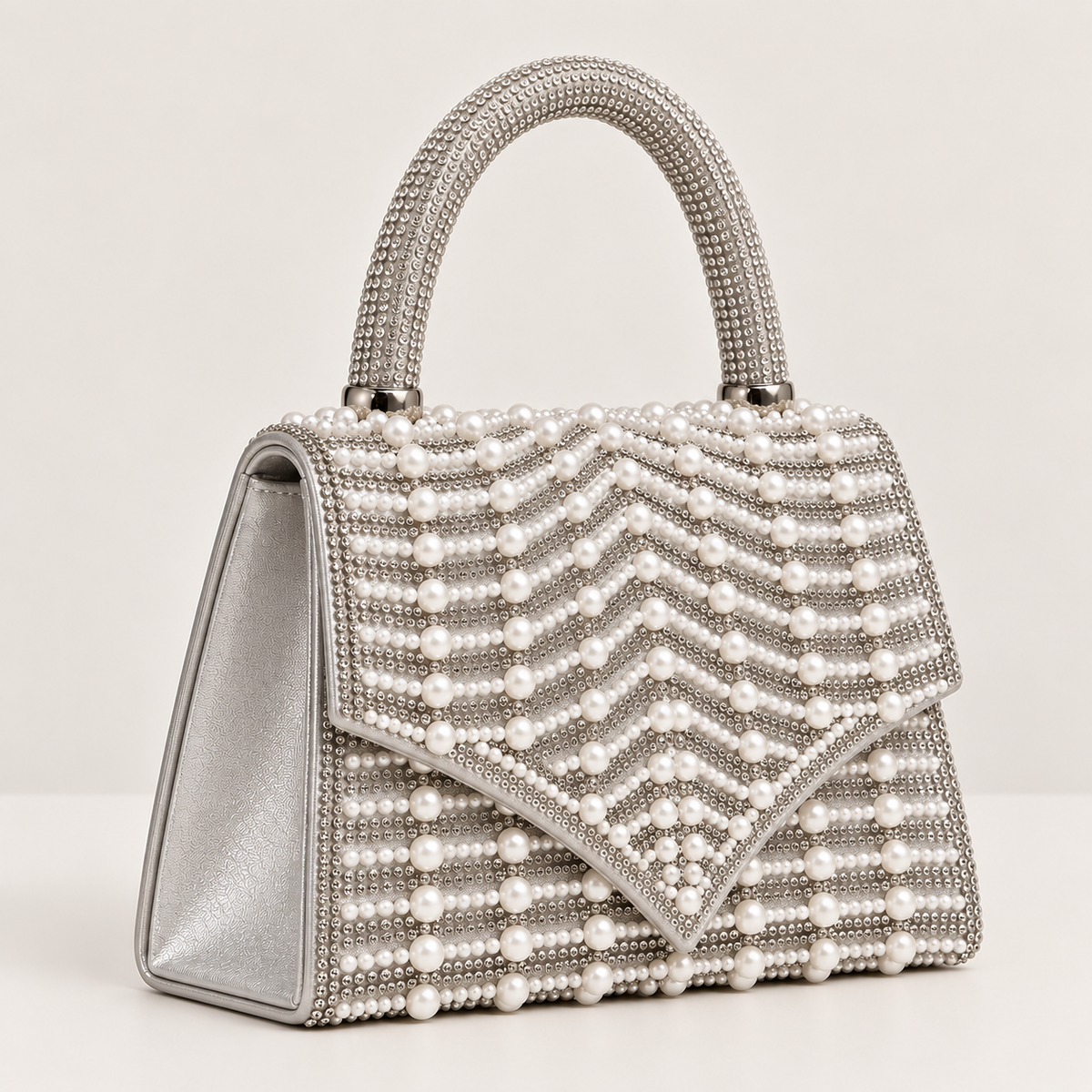 LEA- Pearl Diamante Handle Top Clutch Silver