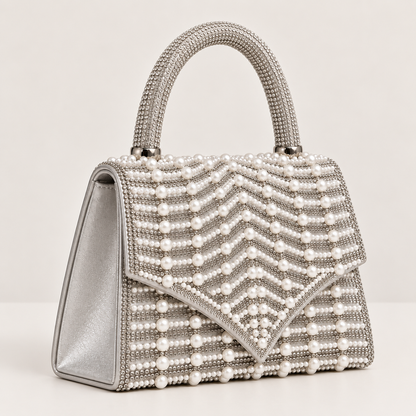 LEA- Pearl Diamante Handle Top Clutch Silver