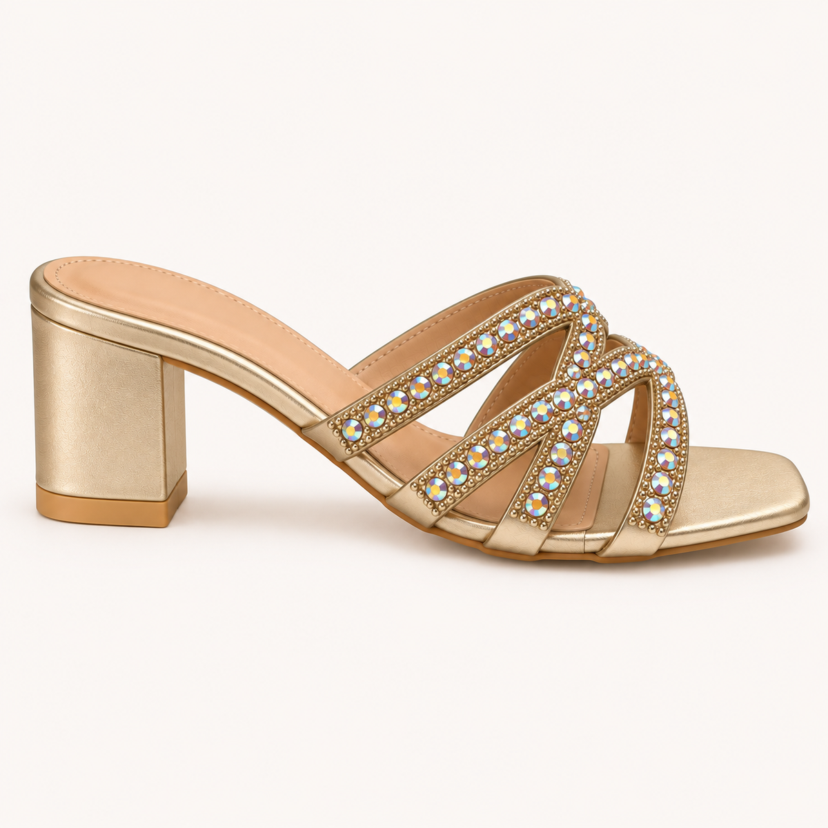 YIA- Diamante Low Block Heel Mule Sandals Silver