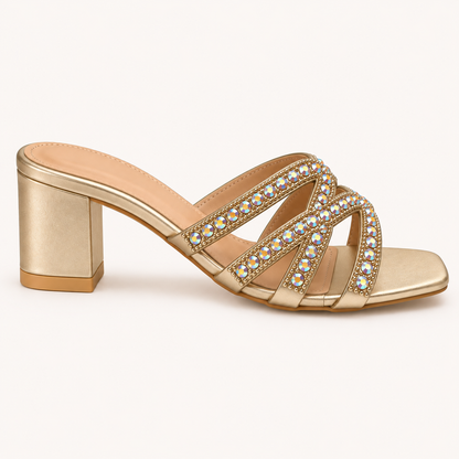 YIA- Diamante Low Block Heel Mule Sandals Silver