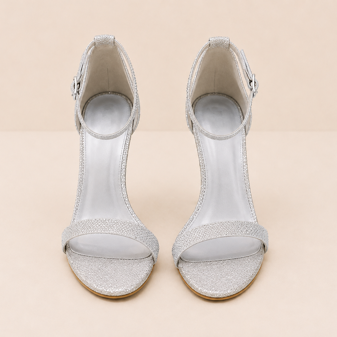 Silver Glitter Ankle Strap Heels