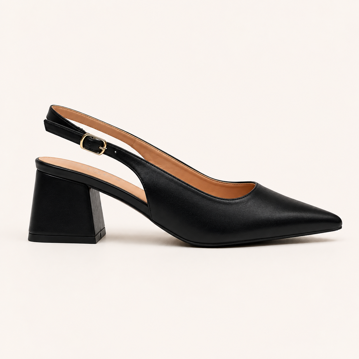 RIA- Block Cube Heel Pointy Toe Sling Back- Black