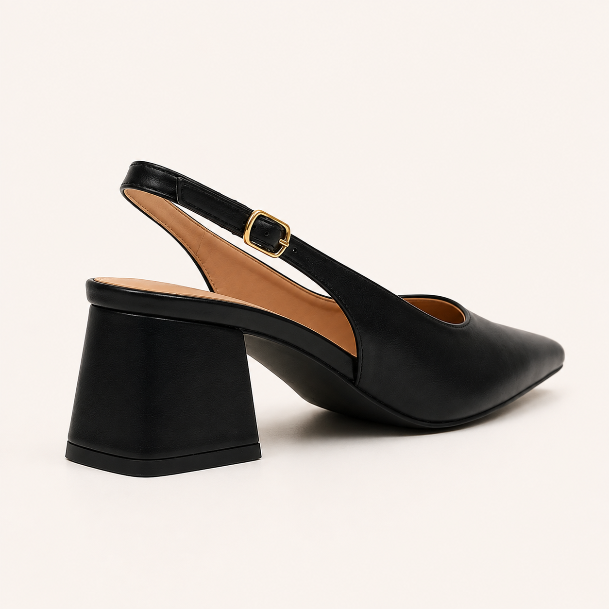 RIA- Block Cube Heel Pointy Toe Sling Back- Black