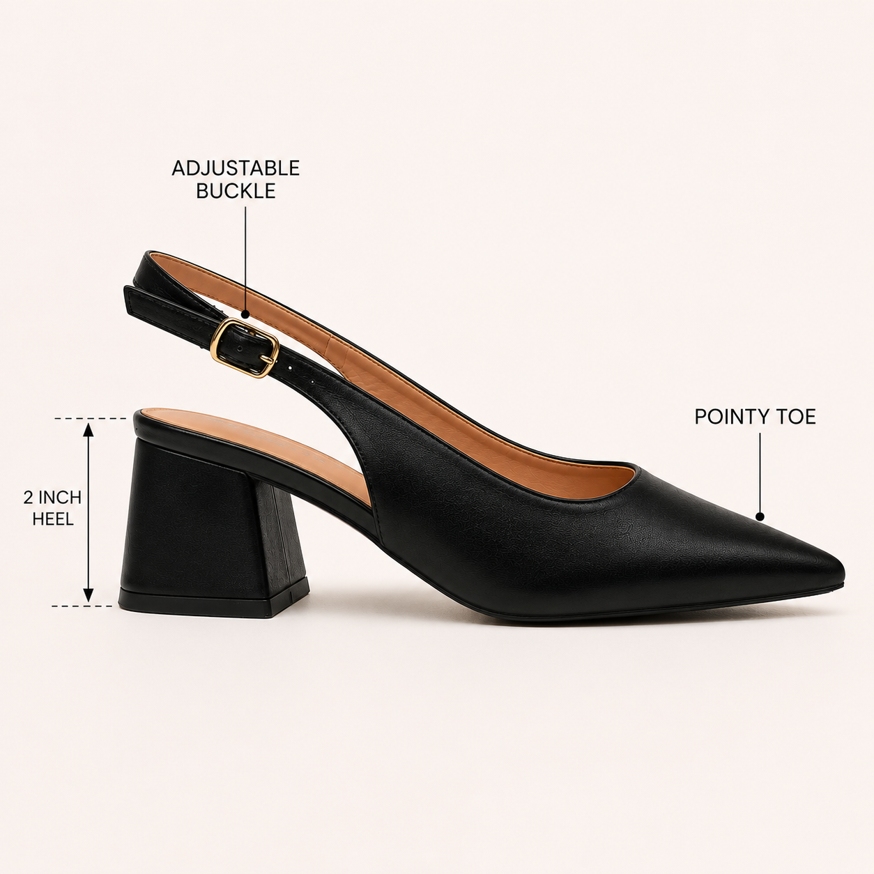 RIA- Block Cube Heel Pointy Toe Sling Back- Black