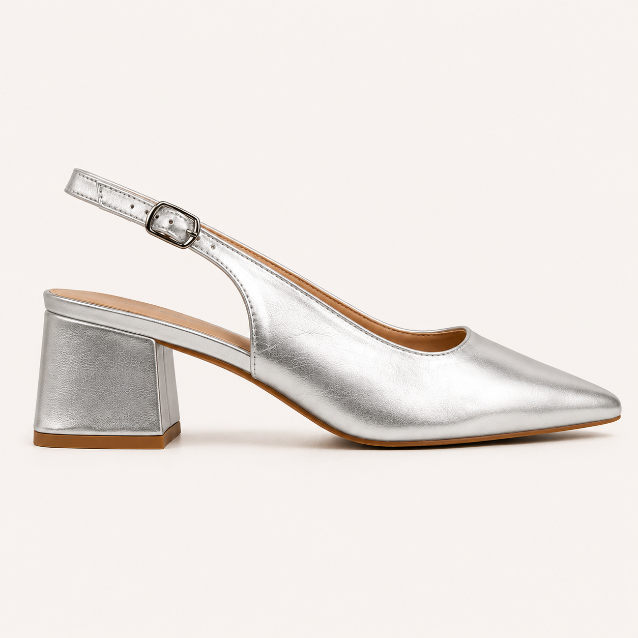 RIA- Block Cube Heel Pointy Toe Sling Back- Silver Metalic