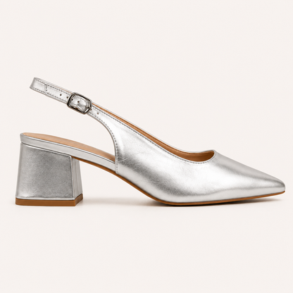 RIA- Block Cube Heel Pointy Toe Sling Back- Silver Metalic