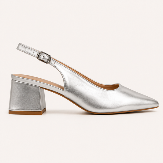 RIA- Block Cube Heel Pointy Toe Sling Back- Silver Metalic