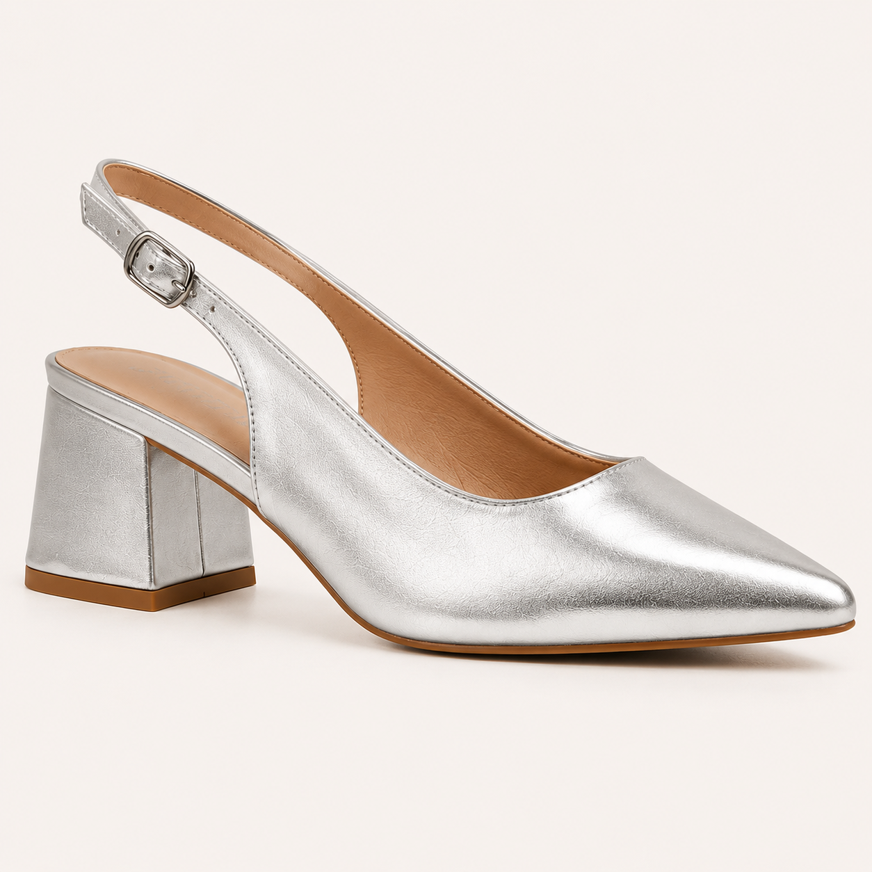 RIA- Block Cube Heel Pointy Toe Sling Back- Silver Metalic