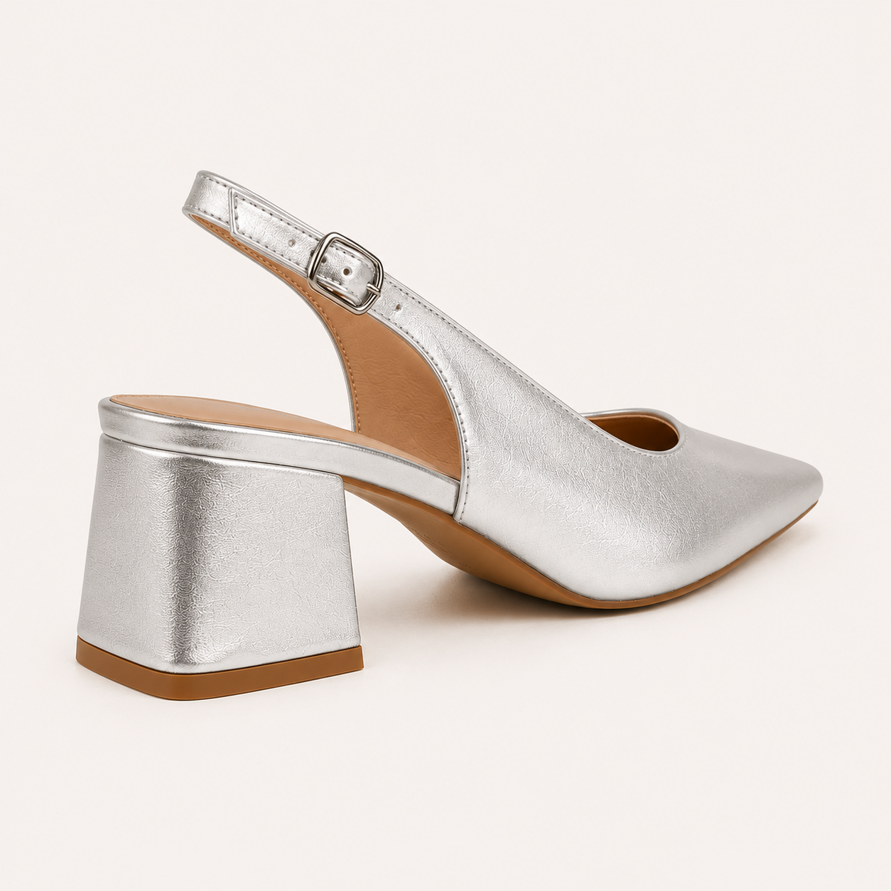 RIA- Block Cube Heel Pointy Toe Sling Back- Silver Metalic