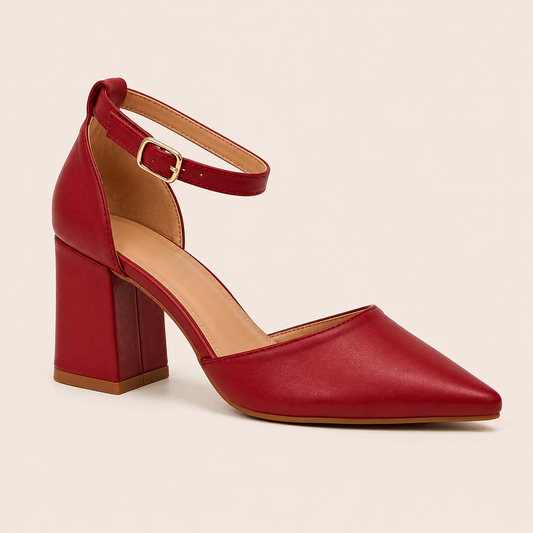 CIA Red Pointed Toe Ankle Strap Block Heels