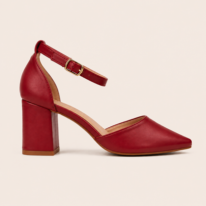 CIA Red Pointed Toe Ankle Strap Block Heels