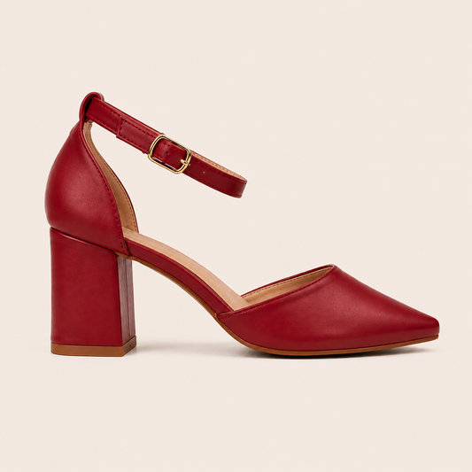 CIA Red Pointed Toe Ankle Strap Block Heels