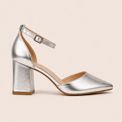 CIA Silver Pointed Toe Ankle Strap Block Heels