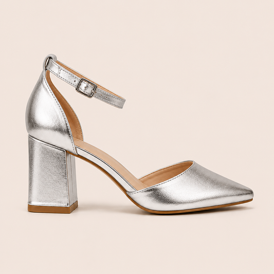 CIA Silver Pointed Toe Ankle Strap Block Heels