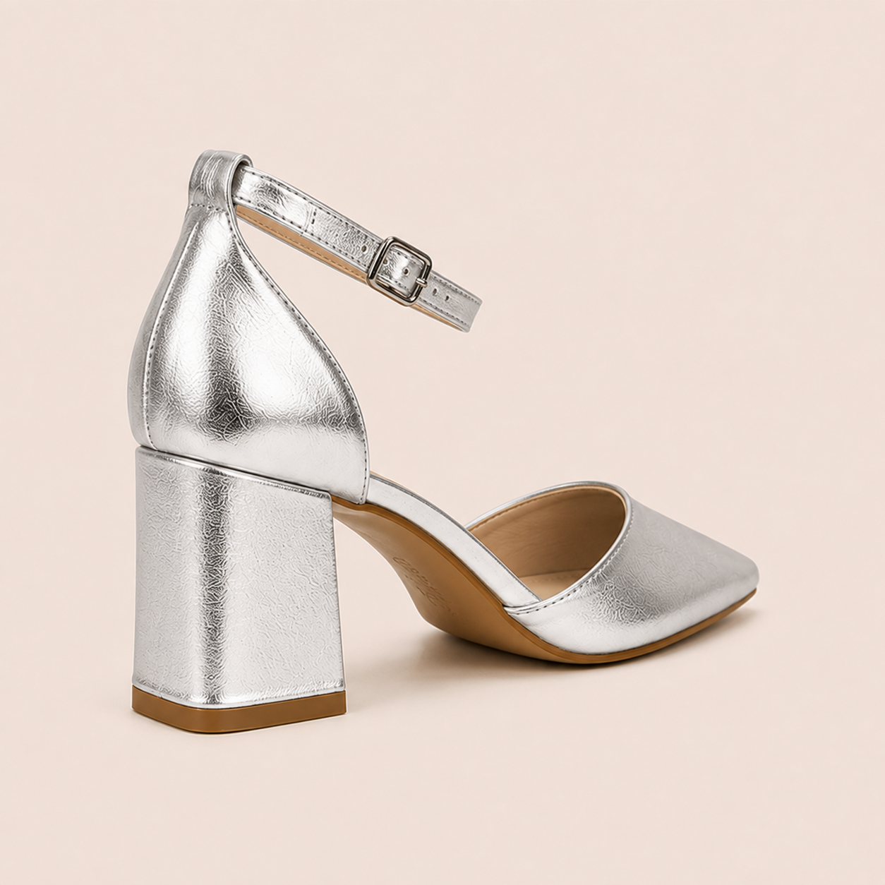 CIA Silver Pointed Toe Ankle Strap Block Heels
