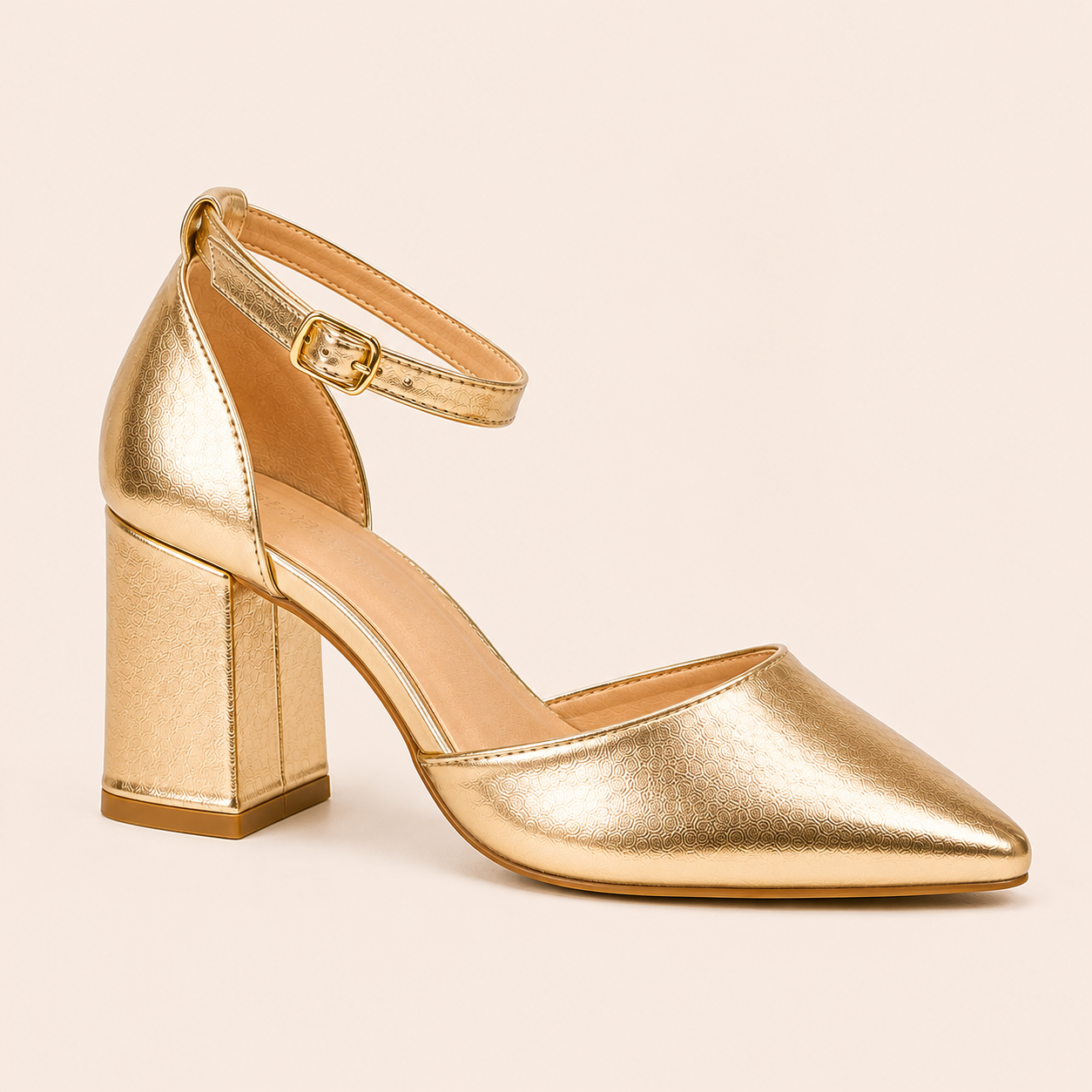 CIA Gold Pointed Toe Ankle Strap Block Heels