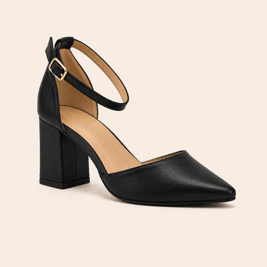 CIA Black Pointed Toe Ankle Strap Block Heels