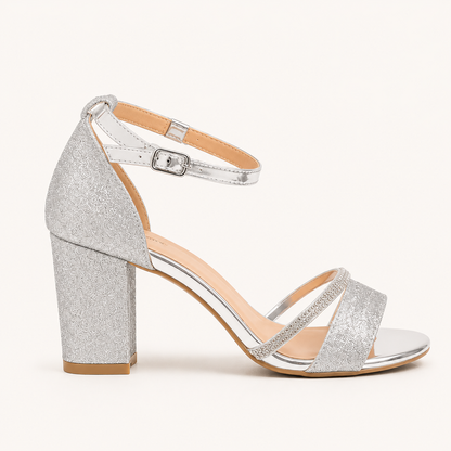 Glitter Block Heel Strappy Heels Diamanté