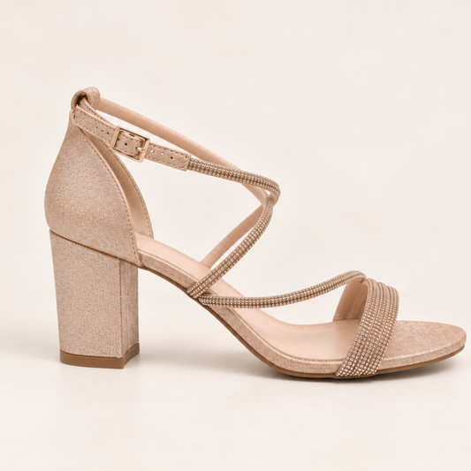 LEA- Champagne Diamanté Block Heel Sandals Rose Gold