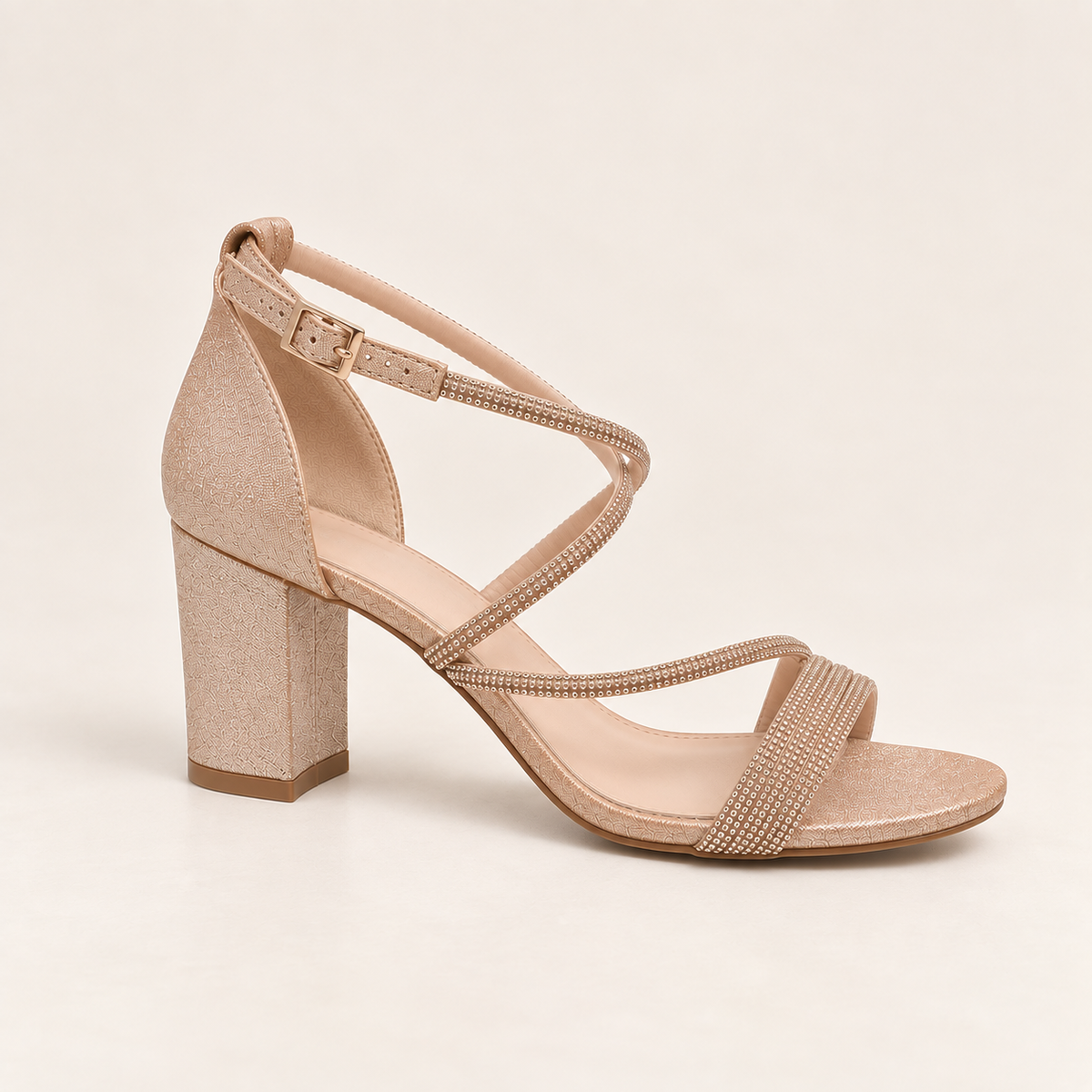 LEA- Champagne Diamanté Block Heel Sandals Rose Gold