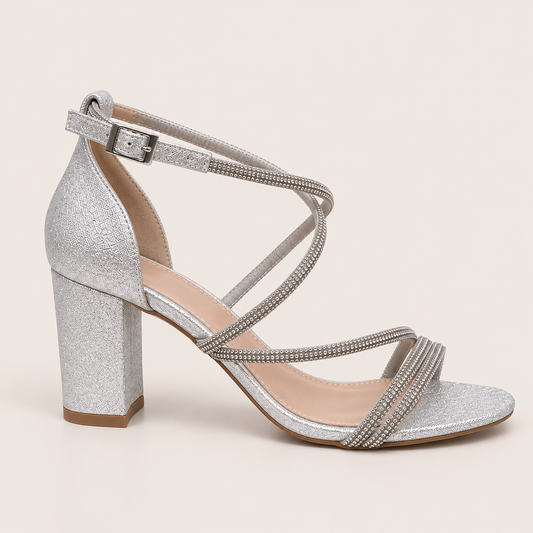 LEA- Diamanté Block Heel Sandals Silver