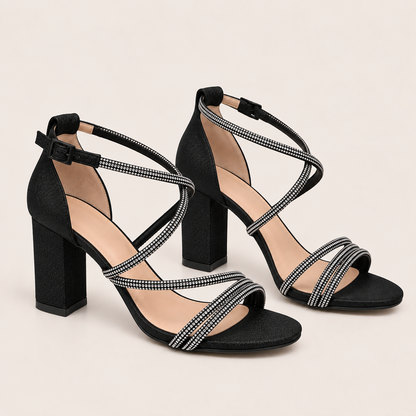LEA- Diamanté Block Heel Sandals Black