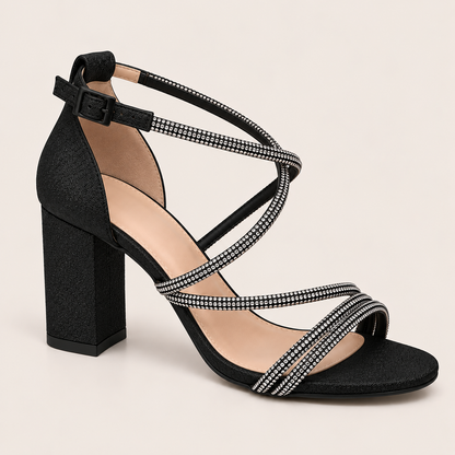 LEA- Diamanté Block Heel Sandals Black