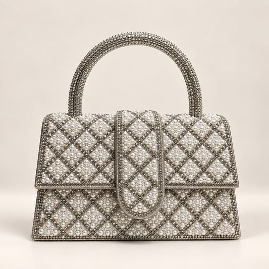 JIA- Diamante Pearl Top Handle Clutch Bag Silver