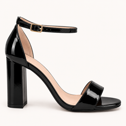 FIA- Patent Block Heel Ankle Strap Sandals Black