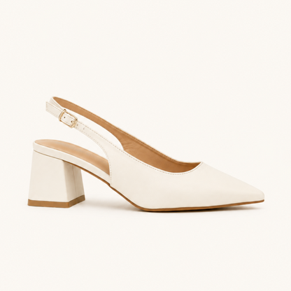 RIA- Block Cube Heel Pointy Toe Sling Back- White