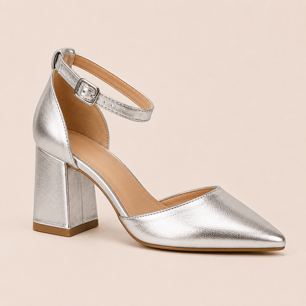CIA Silver Pointed Toe Ankle Strap Block Heels