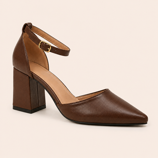 CIA Brown Pointed Toe Ankle Strap Block Heels