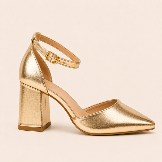 CIA Gold Pointed Toe Ankle Strap Block Heels