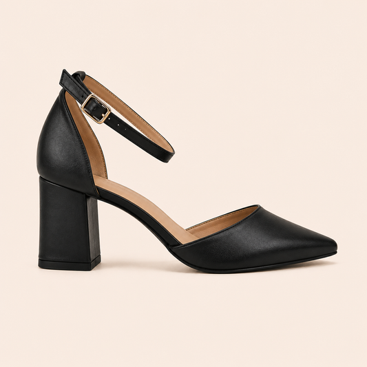 CIA Black Pointed Toe Ankle Strap Block Heels