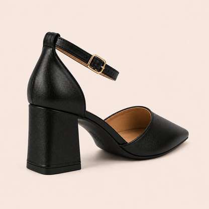 CIA Black Pointed Toe Ankle Strap Block Heels