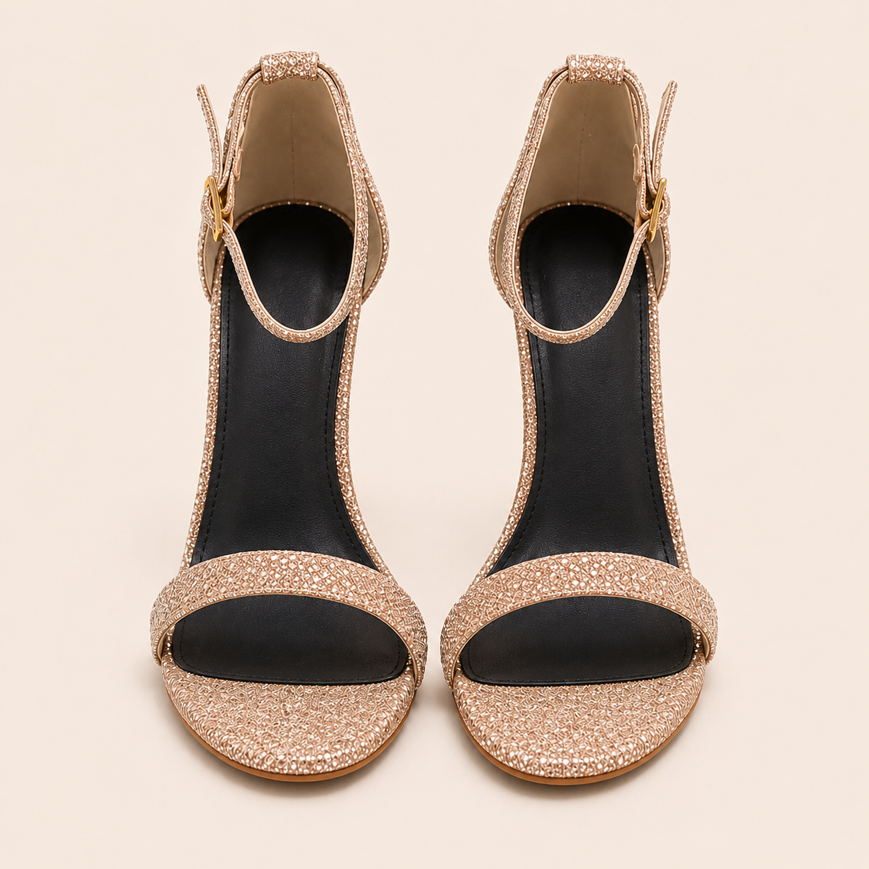 CHAMPAGNE GOLD GLITTER ANKLE STRAP HEELS